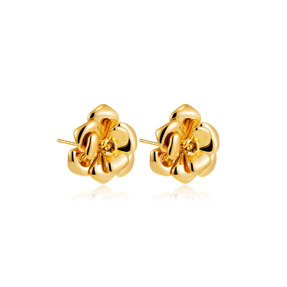 18K Gold Camellia Stud Earrings Retro