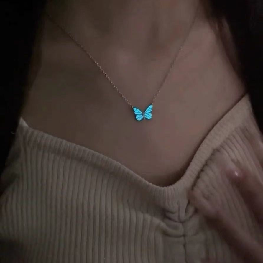 Fashion Blue Luminous Butterfly Necklace Bracelet Set For Glow In The Dark