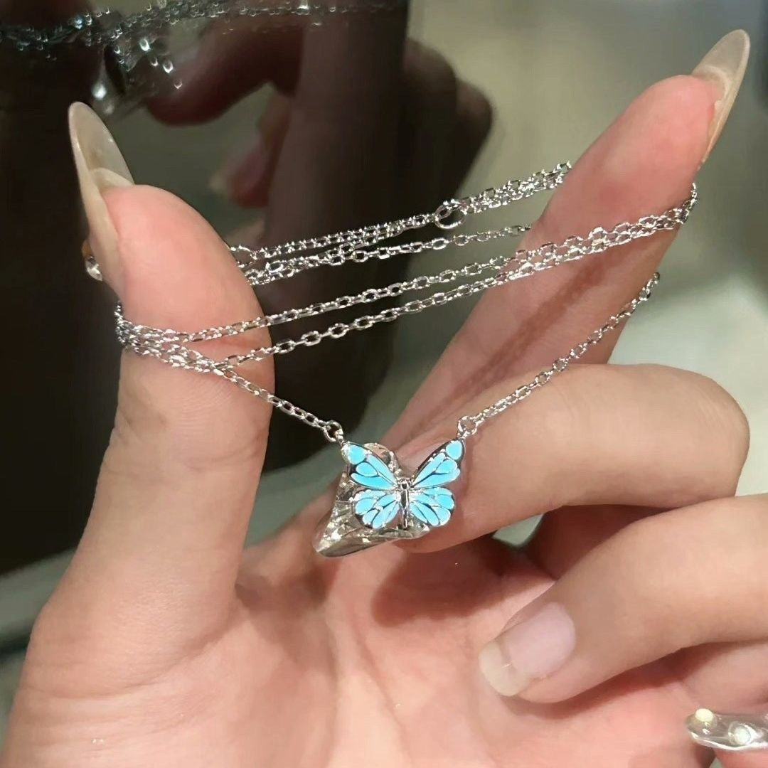 Fashion Blue Luminous Butterfly Necklace Bracelet Set For Glow In The Dark