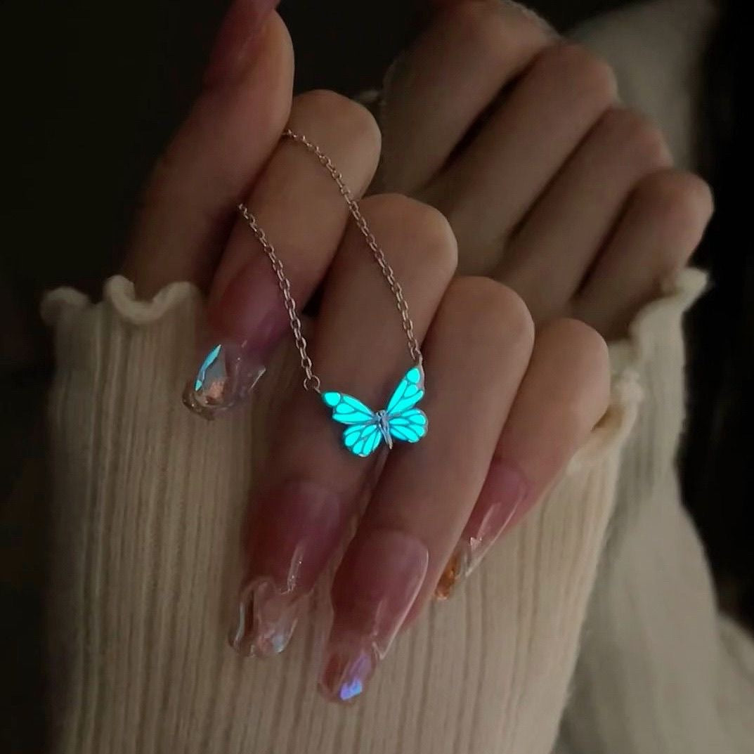 Fashion Blue Luminous Butterfly Necklace Bracelet Set For Glow In The Dark