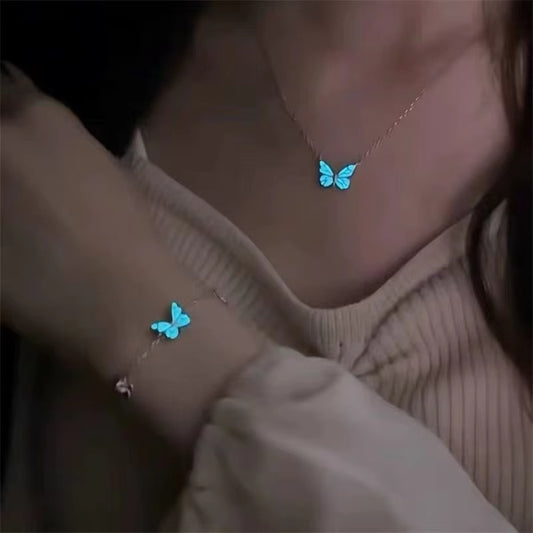 Fashion Blue Luminous Butterfly Necklace Bracelet Set For Glow In The Dark